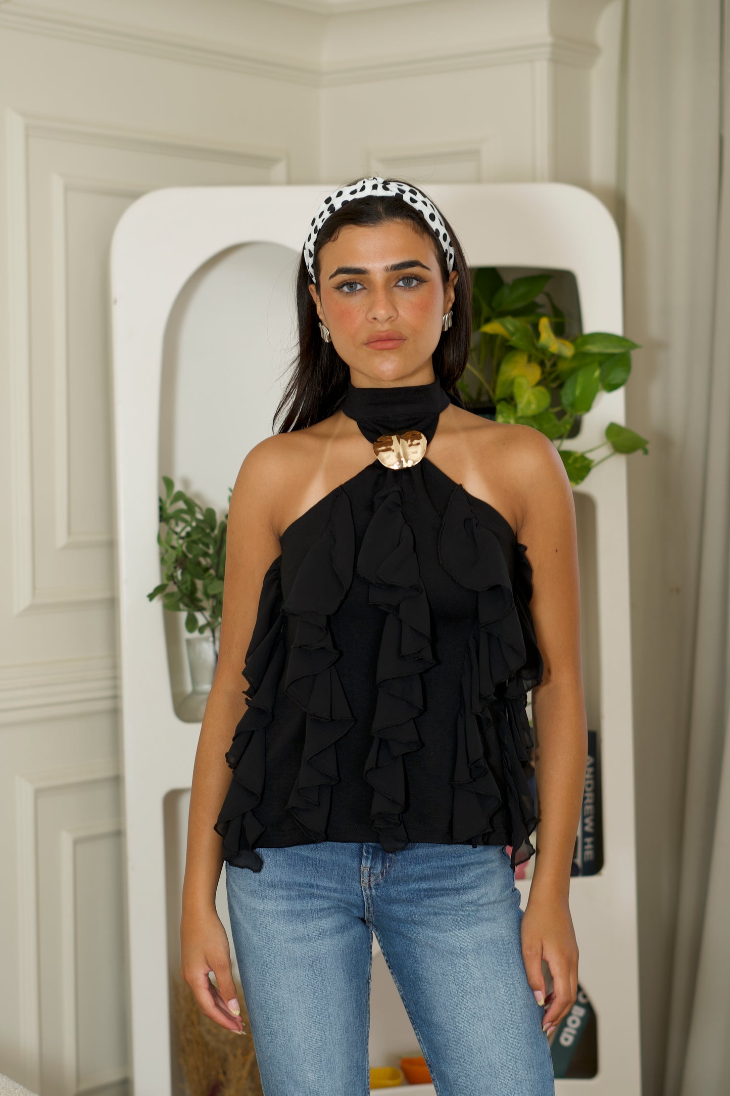 Black Halterneck Ruffle Top
