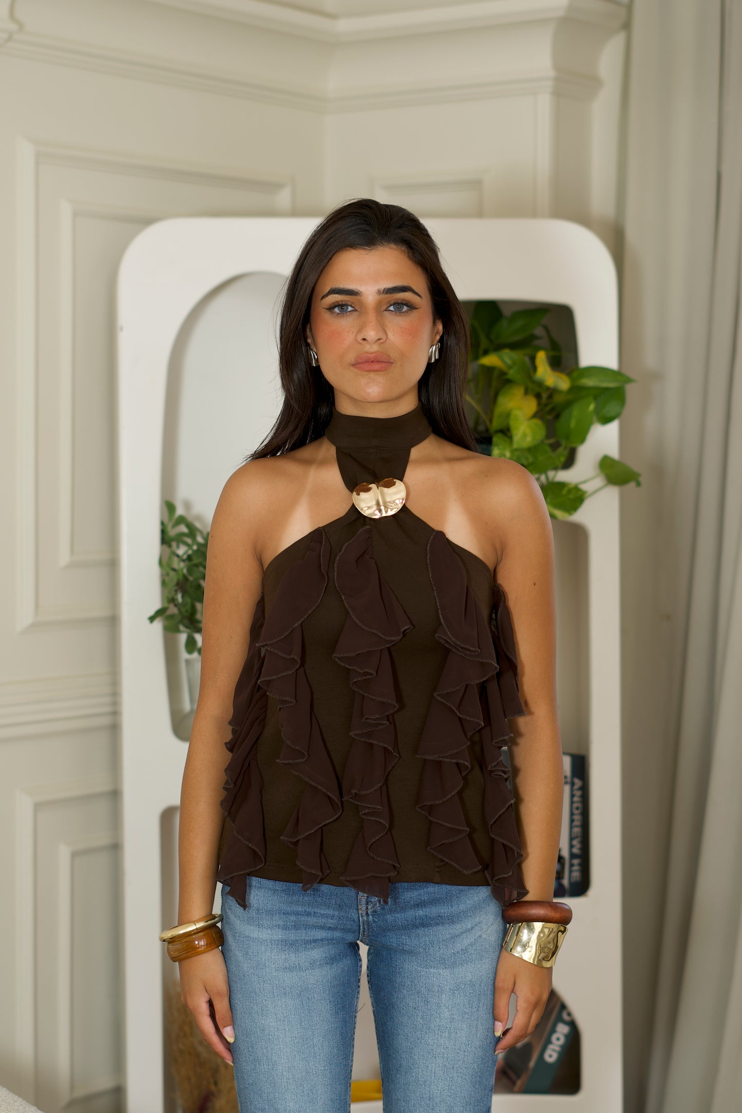 Brown Halterneck Ruffle Top